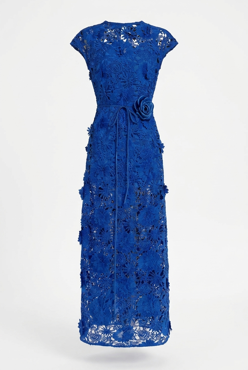 A&A Valencia Lace Floral Belted Maxi Dress