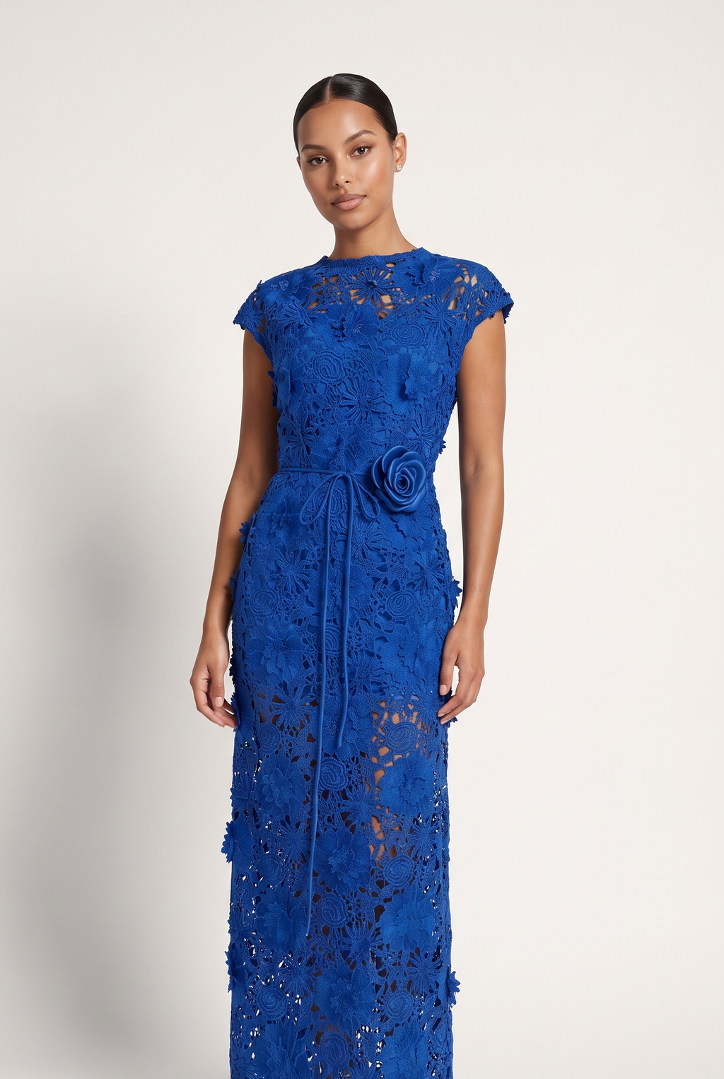A&A Valencia Lace Floral Belted Maxi Dress