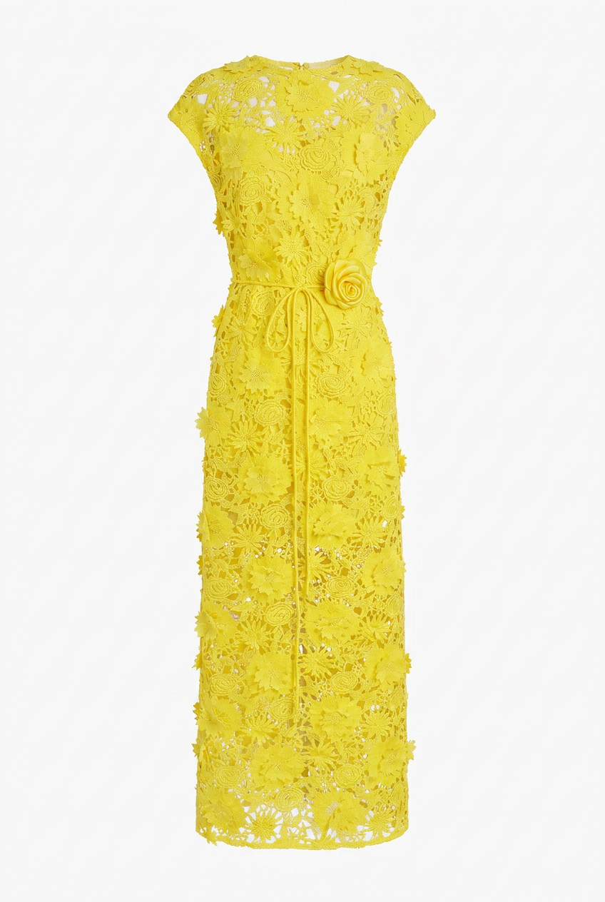 A&A Valencia Lace Floral Belted Maxi Dress