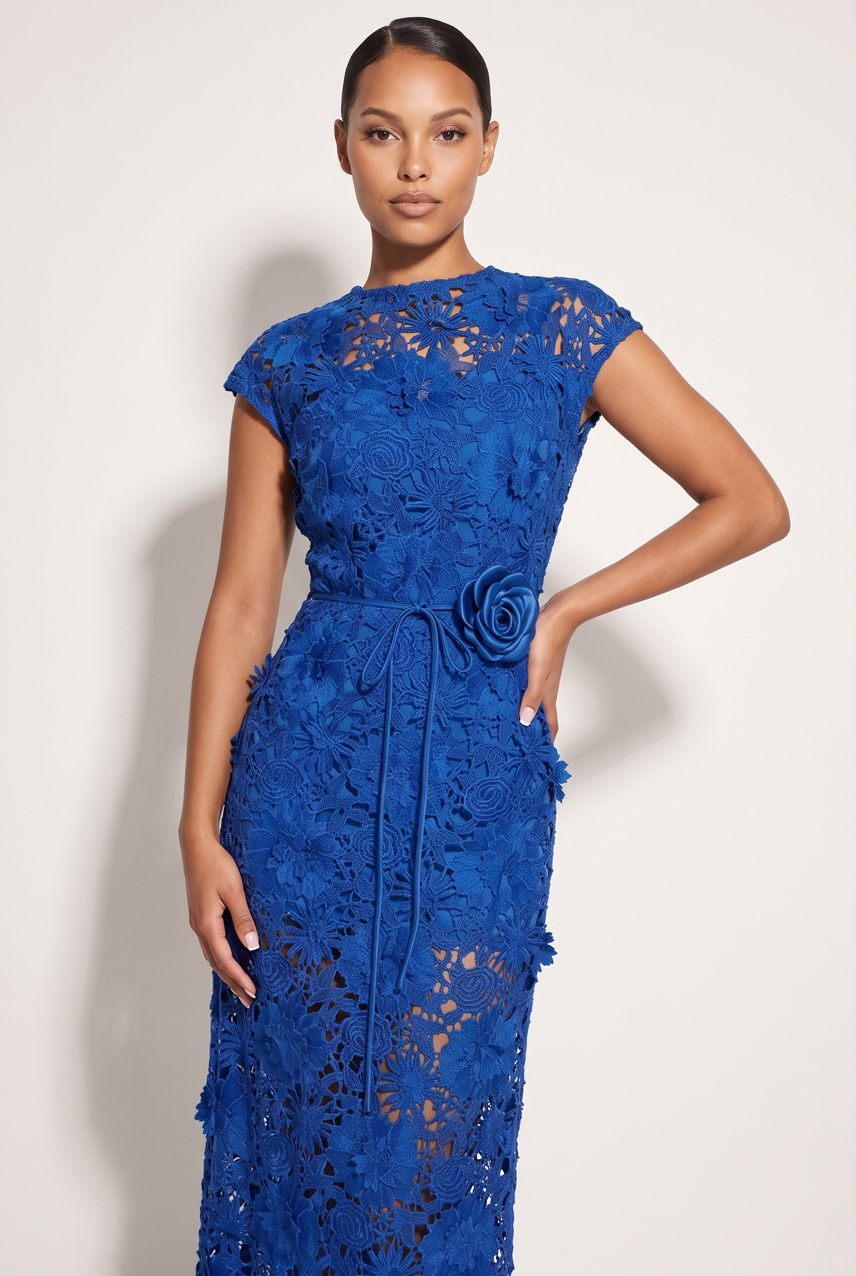 A&A Valencia Lace Floral Belted Maxi Dress