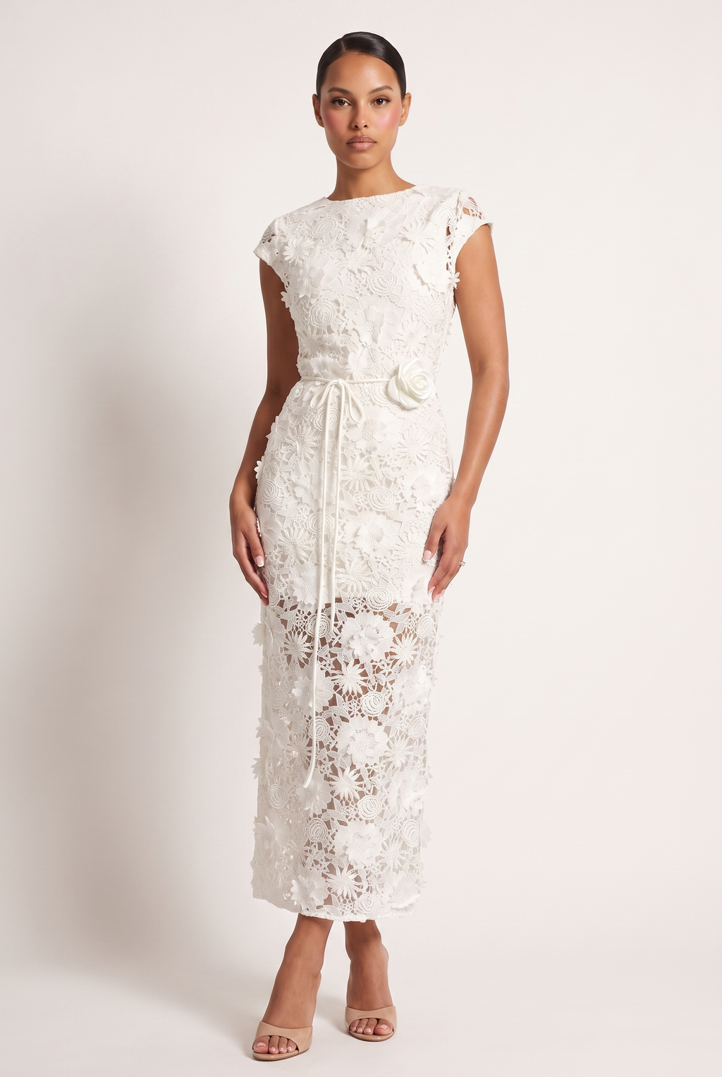 A&A Valencia Lace Floral Belted Maxi Dress