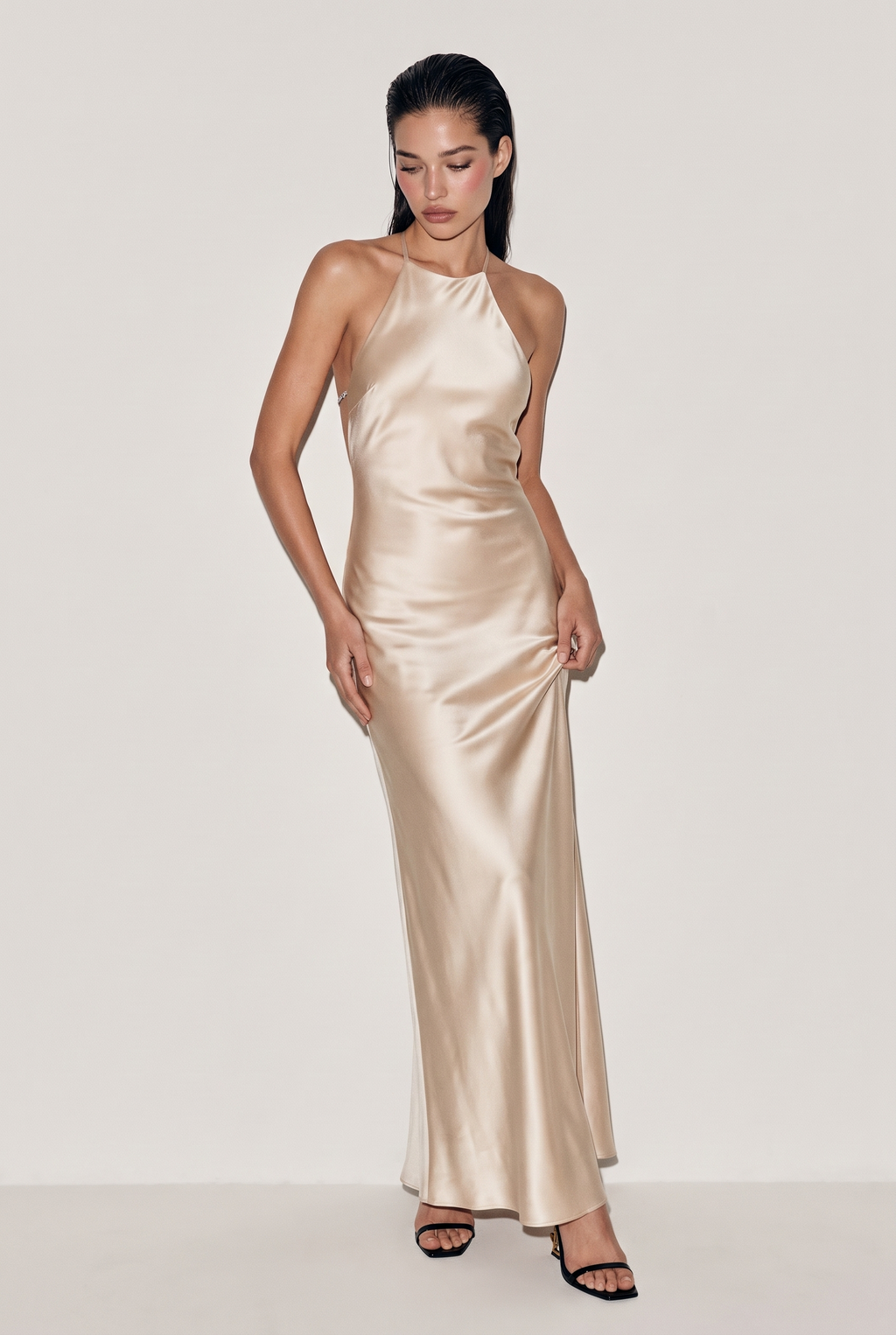 A&A Danira Crystal Backless Satin Maxi Dress