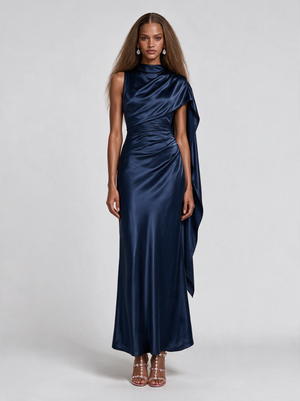 A&A Isolde Satin Mermaid Mock Neck Maxi Gown Dress