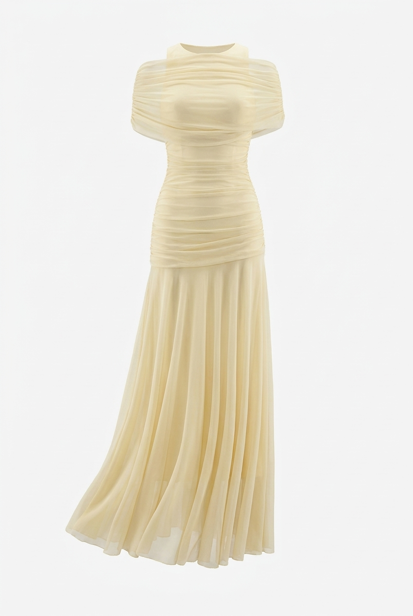 A&A Elowen Mesh Ruched Maxi Dress
