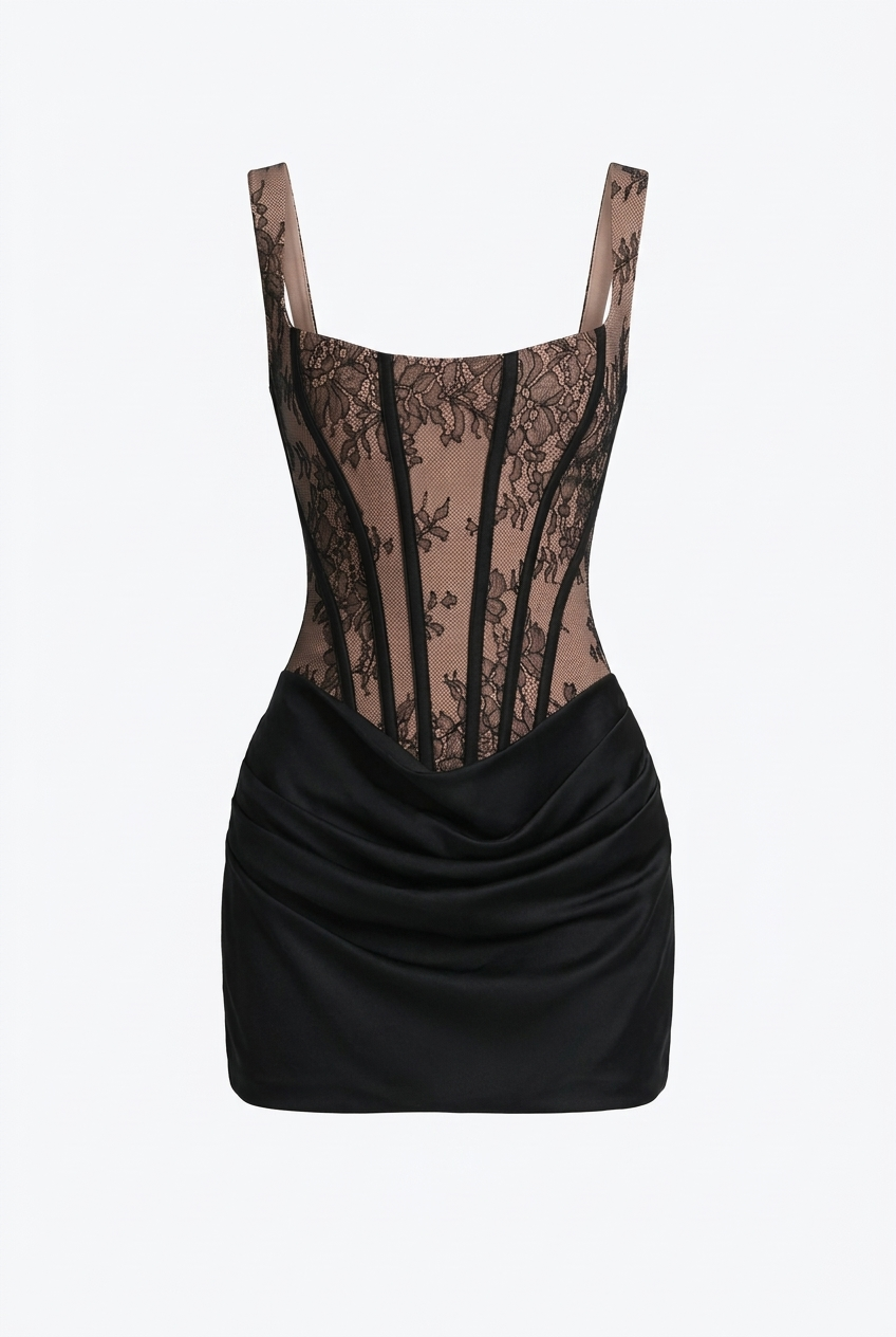 A&A Solenne Lace Corset Satin Draped Mini Dress