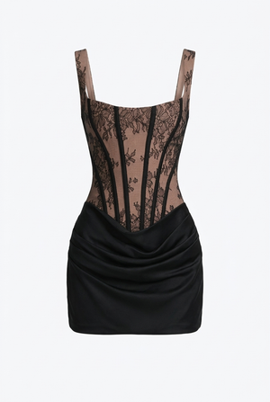 A&A Solenne Lace Corset Satin Draped Mini Dress