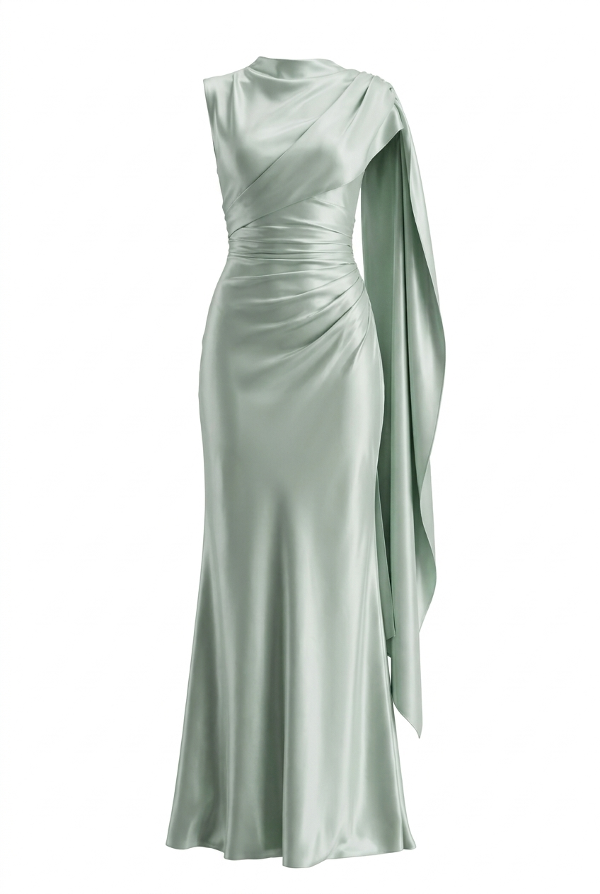 A&A Isolde Satin Mermaid Mock Neck Maxi Gown Dress