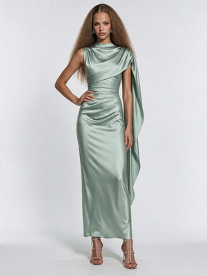 A&A Isolde Satin Mermaid Mock Neck Maxi Gown Dress