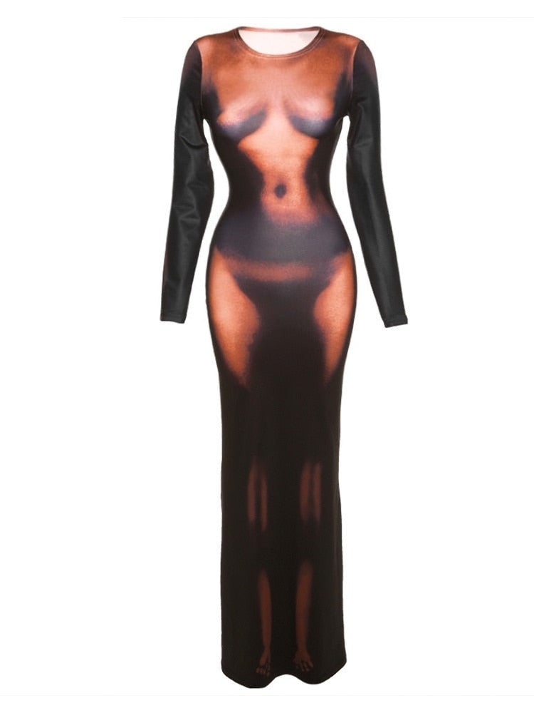 A&A 3D Body Print Bodycon Maxi Dress