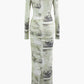 A&A Elegant Long Sleeve Print Slit Bodycon Maxi Dress