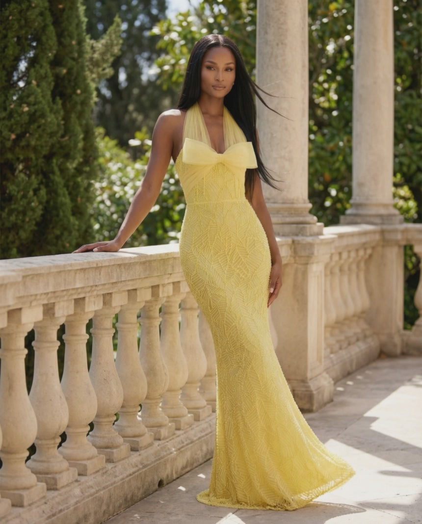 A&A Surié Halter Neck Bow Detail Beaded Embroidery Maxi Dress