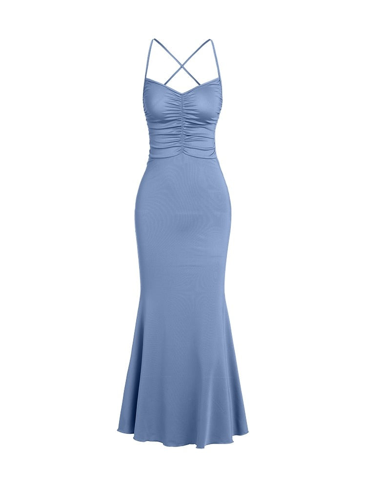 A&A Ruched Criss Cross Backless Maxi Mermaid Dress