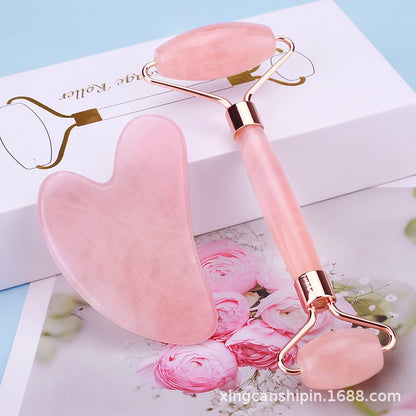 A&A Pink Rose Quartz Jade Massager Roller Scraper Set