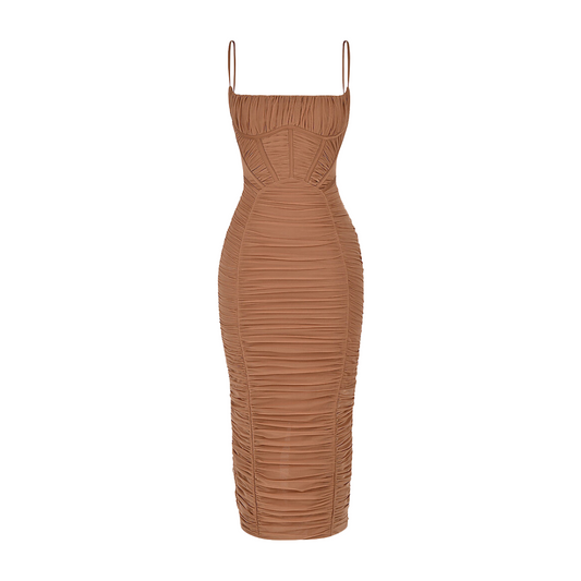 A&A Luxe Ruched Corset Maxi Dress